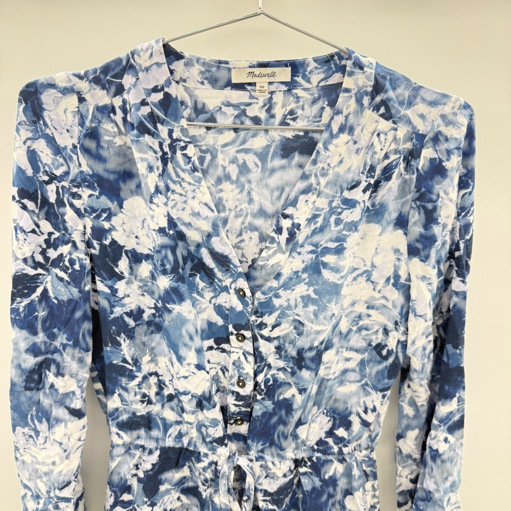 Madewell Blue White Floral Print V Neck Button Tie Waist Mini Dress Size 00 - Picture 11 of 14